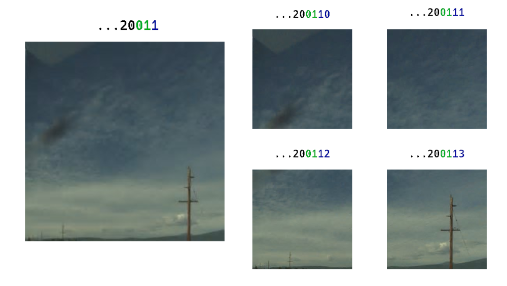 Four tiles, all at zoom level 2 with sequential URL numbers arranged into square and one zoom level 1 tile which is composed of all four higher zoom level tiles