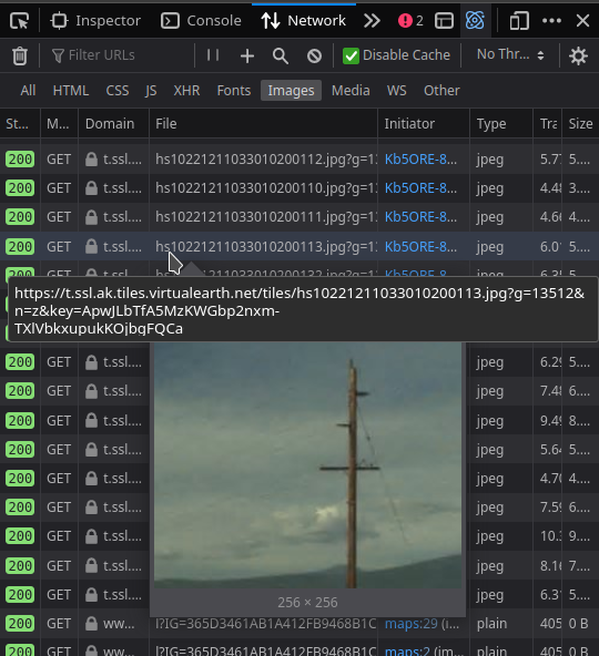 Screenshot of network view in devtools showing streetside image tiles with one really cool looking one selected