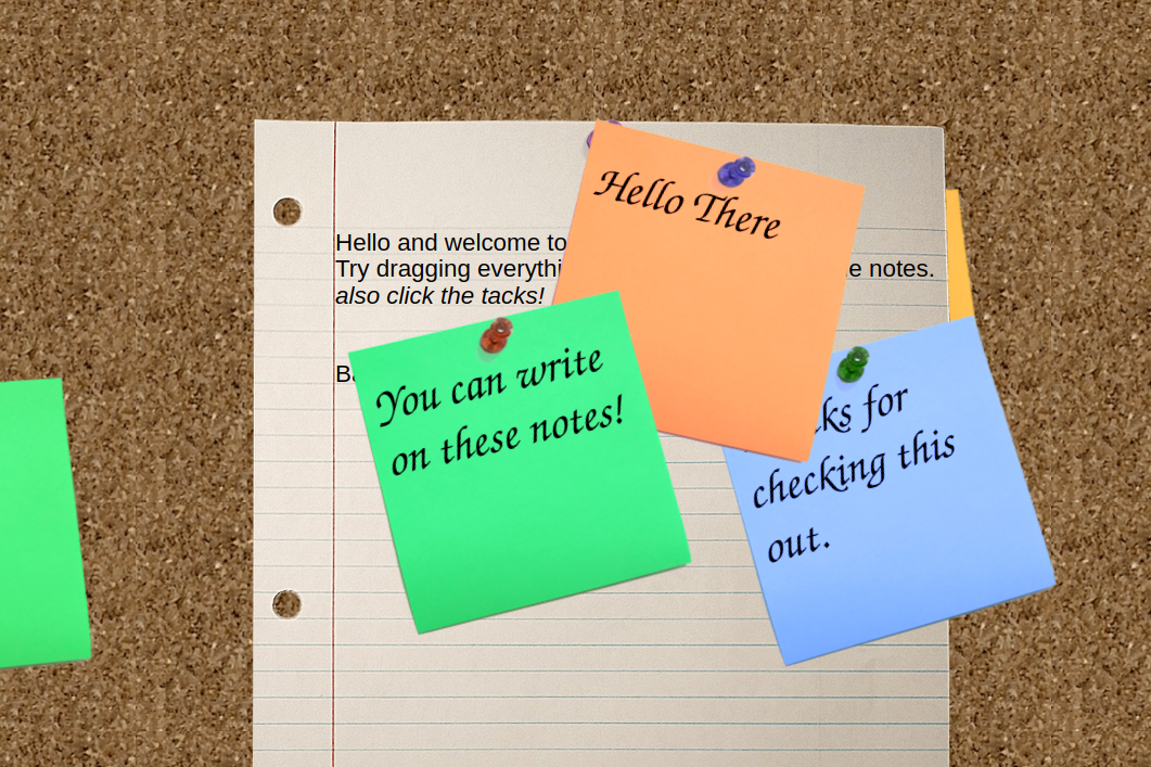 Corkboard webpage with sticky notes and paper