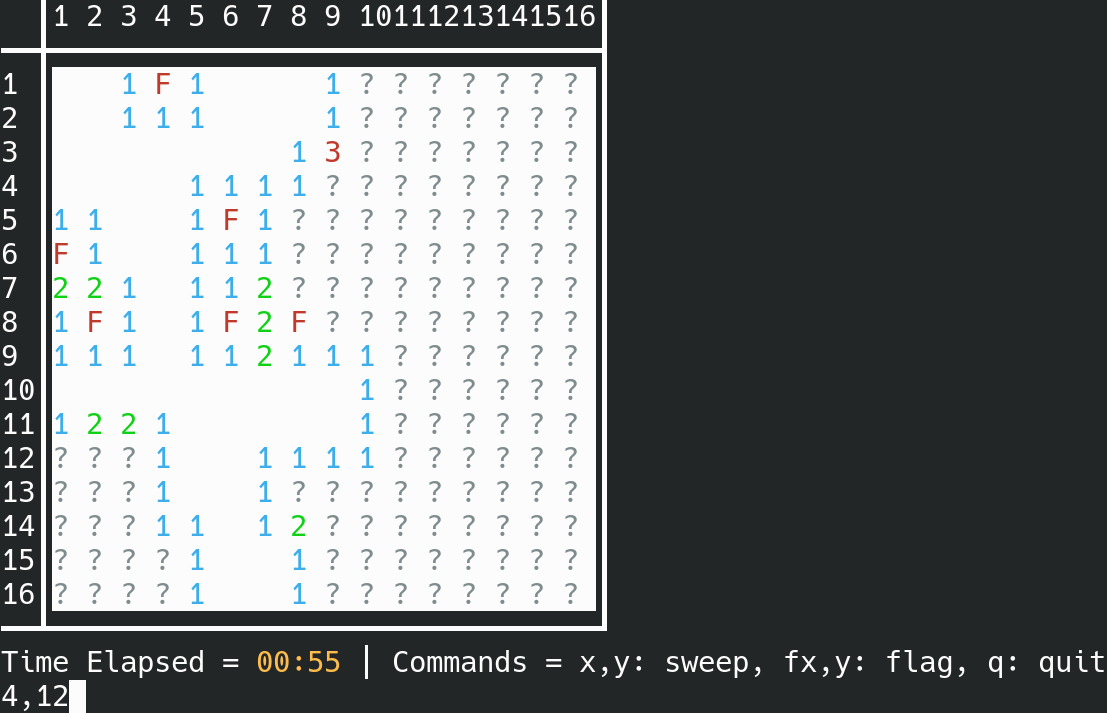 Example of the CLI version of Minesweeper I made